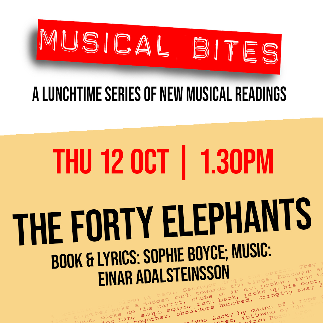 🍲 Join us for lunch &amp; taste our 📚 MUSICAL BITES this Thursday, 12 Oct at 1.30pm. This time this will be a new thrilling  #musical with book &amp; lyrics by <a href="/sophieboyce4/">Sophie Boyce</a>  &amp; music by <a href="/einaradalsteins/">Einar Aðalsteinsson</a> , 🐘 The Forty Elephants: theotherpalace.co.uk/musical-bites/
Book £5 tix &amp; join the feast!