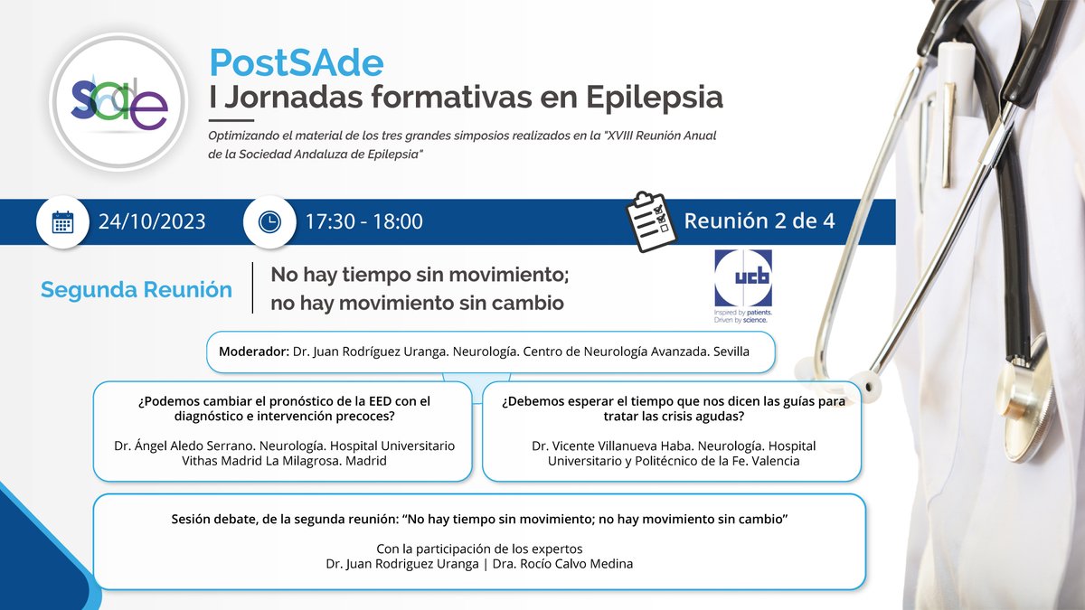 I Jornadas Formativas en Epilepsia, postSAdE.
Publicada la Segunda Reunión: “No hay tiempo sin movimiento; no hay movimiento sin cambio".
Martes día 24 de octubre. De 17:30 a 18:00
Más información:
sade.org.es/jornadas-posts…
sade.org