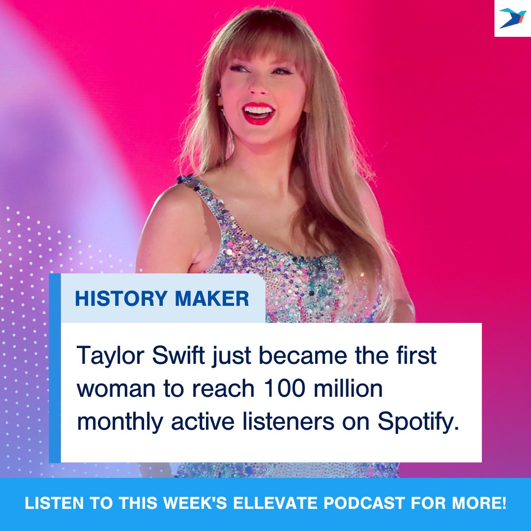 Taylor Swift just became the first woman to reach 100 million monthly active listeners on Spotify! Listen to the Ellevate Podcast to hear more firsts celebrated every episode!⁠ #first #history #representation #representationmatters #music