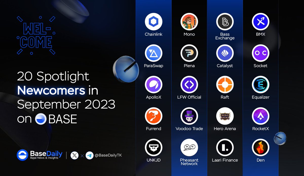 🔵 20 Spotlight Newcomers in September 2023 on <a href="/BuildOnBase/">Base Build</a> 🛡️🚀

#Uptober is coming. Let's make #BuildOnBase bigger and better together 📈

Welcome the new members 🥳

🌟 Shout-out to: <a href="/chainlink/">Chainlink</a> <a href="/paraswap/">Velora (Moved to @VeloraDEX)</a> <a href="/ApolloX_Finance/">Crypto.Panda</a> <a href="/hifurrend/">Furrend</a> <a href="/UNKJDgames/">LINEUP</a> <a href="/MonoOnBase/">MONO</a> @PlenaFinance