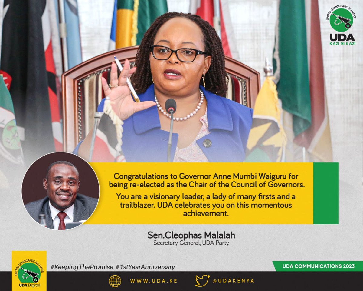 MjengoKE's tweet photo. UDA Party (@UDAKenya) congratulates Governor Anne Mumbi Waiguru of Kirinyaga County for her well-deserved re-election as Chairperson of the Council of Governors.
#ChairCOG
@AnneWaiguru @Cleophasmalala https://t.co/jxmDs7p8mS