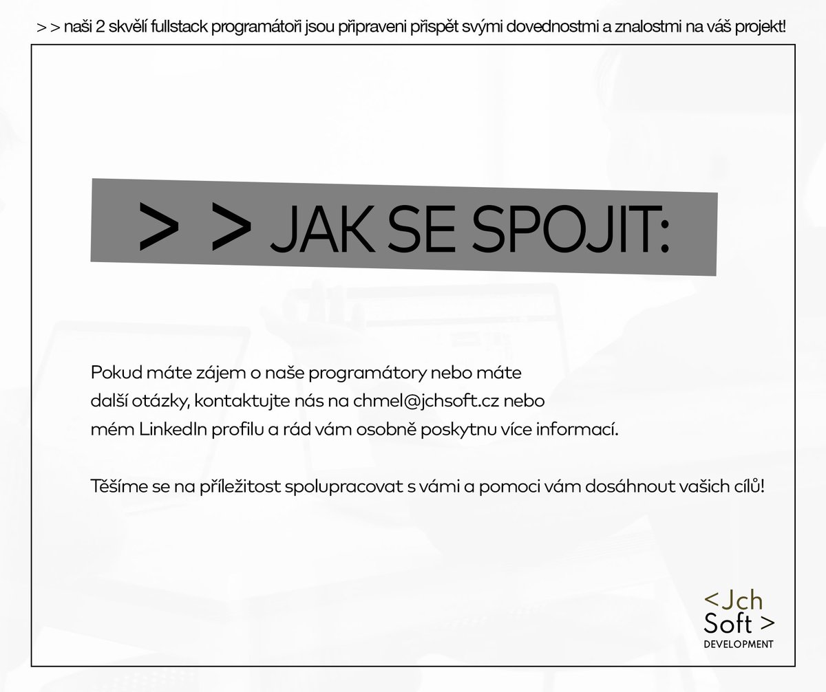 jchsoft's tweet image. Máme ✌️ volné ruce  na  tvoření  velkých  věcí!
Pronájem  programátorů  s  dostupností  až  70h/měsíc.

více  info  👇

#programatori #volnemisto #kapacita #pronajem