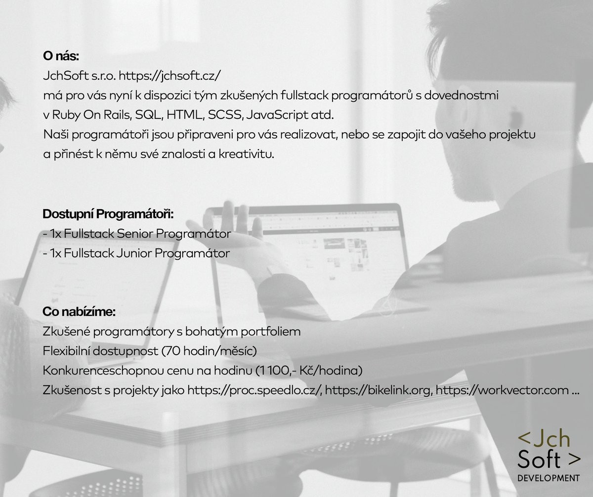 jchsoft's tweet image. Máme ✌️ volné ruce  na  tvoření  velkých  věcí!
Pronájem  programátorů  s  dostupností  až  70h/měsíc.

více  info  👇

#programatori #volnemisto #kapacita #pronajem