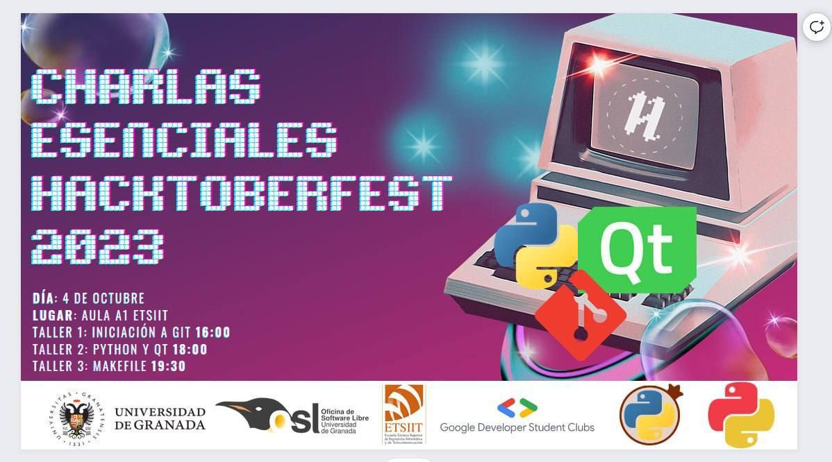 GDSC_Granada's tweet photo. Tenemos un triplete el próximo 4 de Octubre de charlas en la @ETSIIT_UGR de mano de @python_granada y @phyton_es además de @OSLUGR y por supuesto nosotros en los que trataremos temas como #git #python #qt y la creación de #makefiles. https://t.co/XQKs8dE2fB