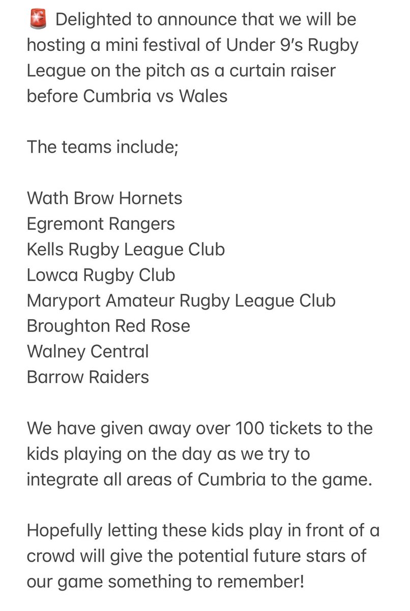 🚨 We will be hosting a mini RL festival before the Cumbria vs Wales game 😃

Can’t wait to see the next potential stars of the game on show 🤩

<a href="/kells_arl/">Kells ARLFC</a> <a href="/EgremontR/">Egremont Rangers</a> <a href="/Lowca_ARLFC/">Lowca ARLFC</a> <a href="/WathBrowHornets/">Wath Brow Hornets</a> @Broughton_RR <a href="/MaryportARLFC/">Maryport ARLFC</a> <a href="/UpTheCents/">WalneyCentsRL</a> <a href="/BarrowRaiders/">Barrow Raiders</a> 

skiddle.com/whats-on/White…