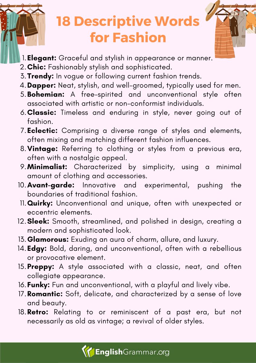 GrammarUpdates's tweet photo. 18 Descriptive Words for Fashion

#vocabulary #fashion #writing https://t.co/ca0JqyFXtn