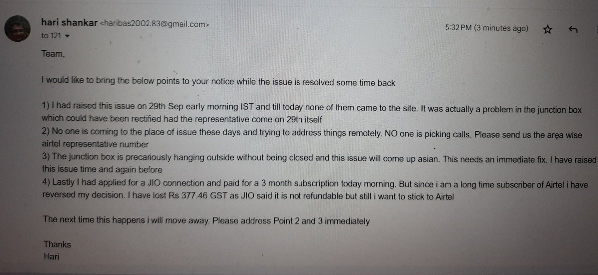 Harisha91061015's tweet photo. @Airtel_Presence Please read this and have this fixed https://t.co/wv8FBw8byQ