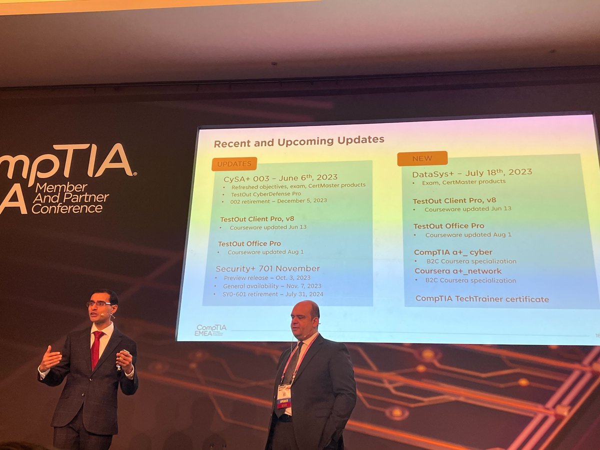 CompTIAPartners's tweet photo. @zeshandotcom @CompTIA Lots of updates from the CompTIA team this morning! Here's your round up:
-> TestOut has made it to the UK!
-> Security+ 701 is being released November 7th!
-> Network+ 009 is coming in 2024!
-> Our X series is on the way! https://t.co/Vu7vhAxp10