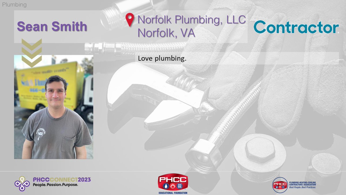 PHCCFoundation's tweet photo. 📣Presenting... Sean Smith - Norfolk Plumbing, Norfolk, VA🎉
Sponsored by: @contractormag
#phccfoundation #phccacademy #apprenticecontest #plumbing #hvacr #careerdevelopment #CONNECT2023 #cleveland #ohio #phccareers #cleanair #cleanwater https://t.co/hMcSRvFLPu