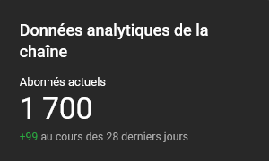 Et merci ! On a dépassé les 1700 abonnés sur Youtube.
1k7 ---> Road to 1k8