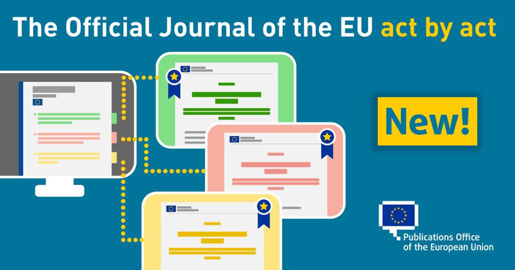 From today, @EULawDataPubs publishes the #OfficialJournal of the #EU act by act. A historic shift! ✨✨✨

With this fast &amp; flexible publishing of legal acts, citizens will be able to access #EUlaw even more easily and efficiently with <a href="/EURLex/">EUR-Lex</a> 

➡️ europa.eu/!TTDF6p