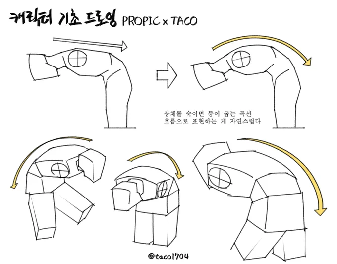 상체를 숙이면 등이 굽는 곡선 흐름으로 표현하는 게 자연스럽다