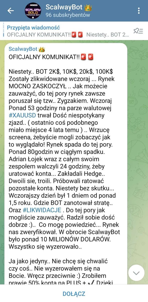 CryptoStasiak's tweet photo. Krótko zwięźle i na temat. #scalway  

Ostatnio wyszła kolejna afera związana z magicznym botem, który miał dawać niesamowite wyniki, jeśli chodzi o rynek złota. Narzędzie to miało przynosić mega zyski przy niskim ryzyku, a wyszło jak wyszło, czyli standardowo ludzie, którzy zakupili dostęp do tego bota, zostali oszukani.  

W momencie gdy cała ta otoczka wokół tego #bot'a była budowana, odbyłem rozmowę z moderacją mojego Discorda w sprawie reagowania na potencjalne przypadki osób, które postanowią dołączyć do mojej grupy i promować ten scam. 

Miałem info z innych serwerów, że przychodzą do nich ludzie i próbują przekonać członków społeczności do zakupu dostępu, dlatego nasza reakcja przy takich próbach była szybka i skuteczna.  Przypomnę Wam to jeszcze raz, nieważne czy gracie na #crypto, czy #forex, żadne narzędzie nie zarobi pieniędzy za Was. 

Nie da się napisać programu, który dzięki swoim obliczeniom da 100% wynik, jeśli chodzi o skuteczność, a obecna sytuacja na #XAUUSD jest tego idealnym przykładem.