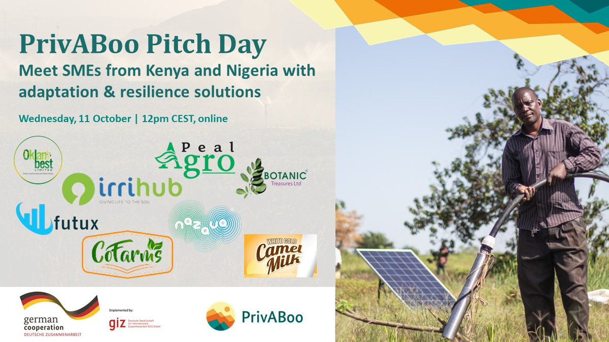 Adapt_Community's tweet photo. 🤝Investors, be part of the journey! Connect with passionate entrepreneurs in Nigeria and Kenya that are raising capital to scale #climateadaptation business models. ✏️ To register, send an email to annalena.fuchs@giz.de
#climateinvestment #PrivABoo #AdaptationSME @giz_gmbh https://t.co/dAEvE1mD9S