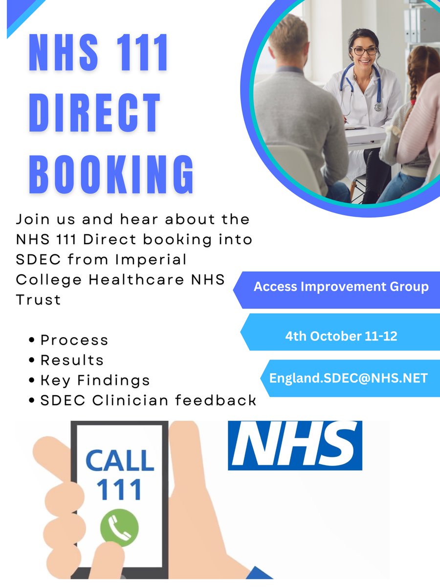 Join the next Access Improvement group meeting and hear from Imperial College  around direct booking from NHS 111 Into SDEC!
@JasonFS_RN 
<a href="/MatakitogaSade/">Sade Matakitoga</a>
<a href="/OxfordEM/">James Ray</a>
@brunning_adam
#SDEC