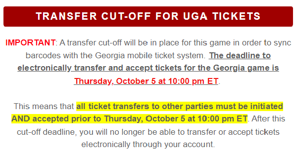 Reminder to anyone traveling to Athens this weekend who purchased tickets from UK. There is a transfer cut-off for UGA tickets because UK is ticketmaster and UGA is Paciolan. 

If you are transferring or selling your tickets you must do it by Thursday Oct 5th at 10 PM!