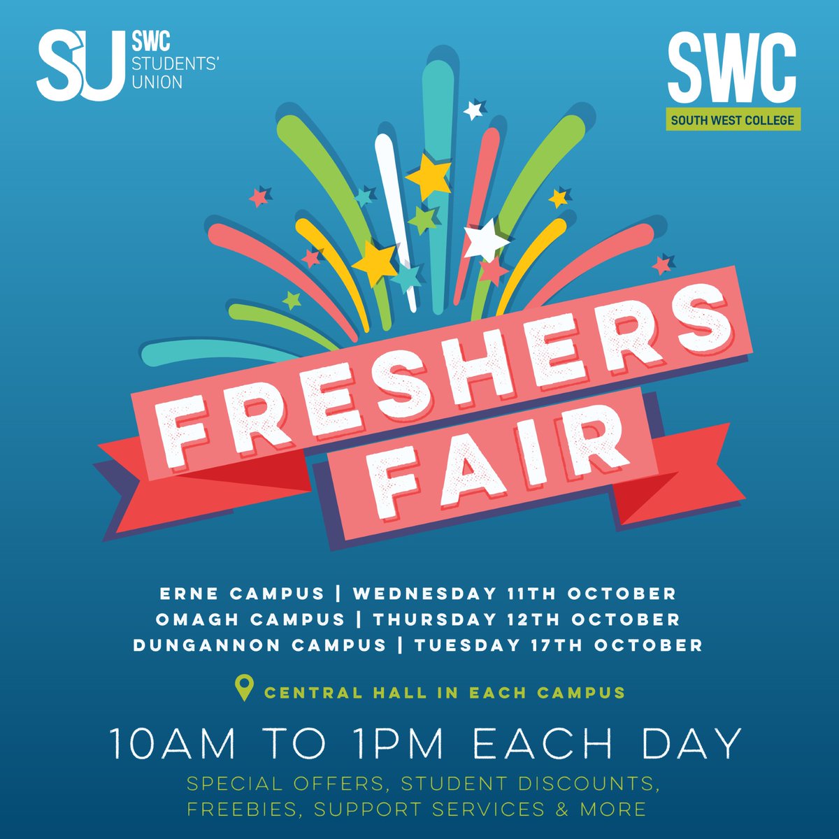 swccollege's tweet photo. Are you a charity or a local business? Interested in having a stand at any of our upcoming Freshers Fairs to engage with our students about your services, student offers you may have? Please get in contact with either niall.marlow@swc.ac.uk or dermott.feely@swc.ac.uk https://t.co/xM64FfCy3F