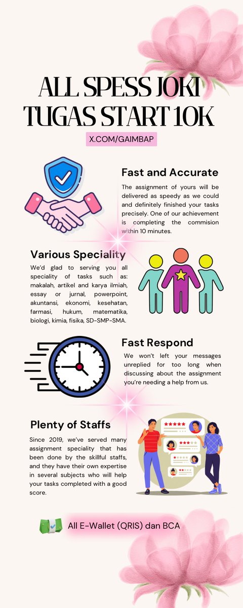 husflepuff's tweet image. Halooo! Fay terima semua tugas start 10ribu aja loh! Ratusan testi since 2019 cek pinned yap. Dikerjakan oleh tim dari berbagai jurusan di jamin gak asal-asalan. 🤩🙌🏻

📞 wa.me/+62895366326755
💌 @gaimbap