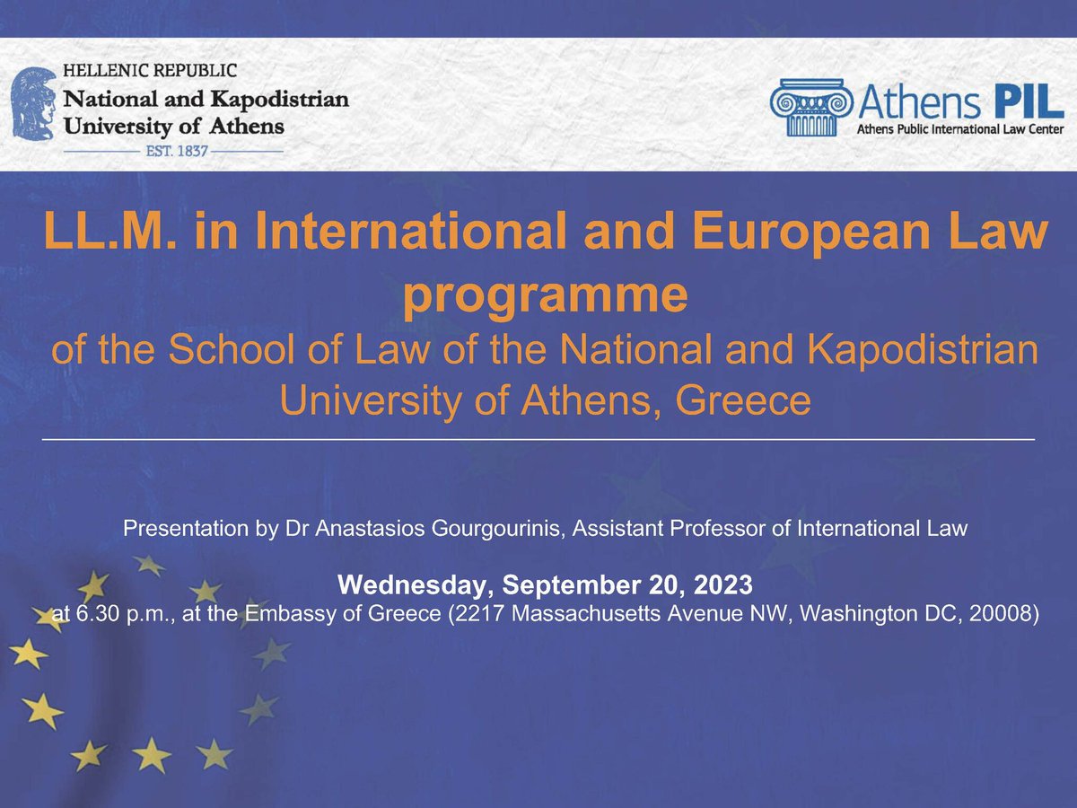 On 20 September, Prof. A.Gourgourinis presented our flagship English-taught LL.M. in International and European Law @uoaofficial at the Greek Embassy in Washington. The presentation was moderated by J. Klingler (@FoleyHoag), specialising in PIL and international arbitration.