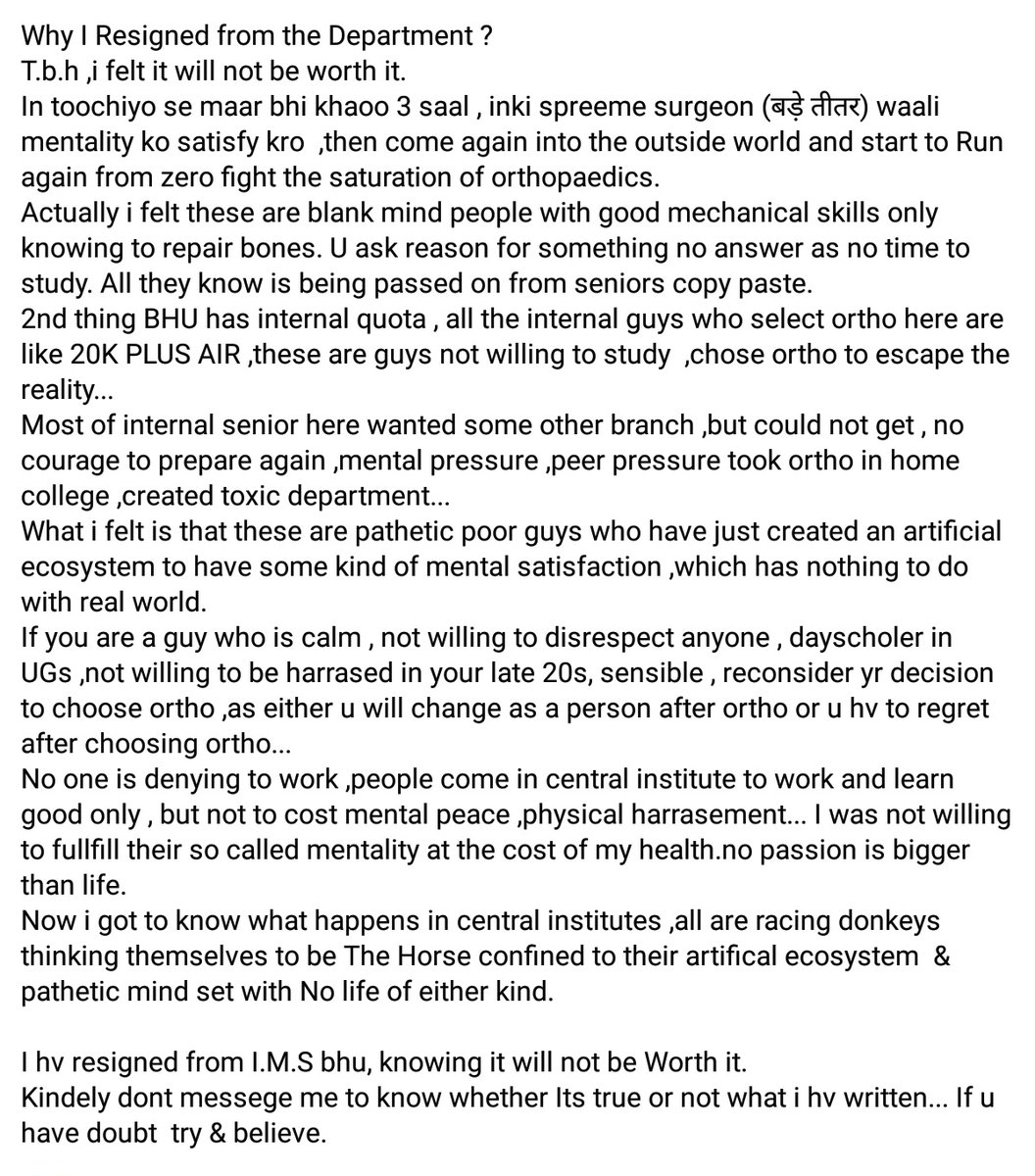 Indian__doctor's tweet photo. You are not Allowed to seat !
You cant not argue !
Thappad ,Laat ,Ghushe  can be used to teach you !
★★★★★★★★
Serious allegations of mental torture against seniors by Junior Resident Doctor of BHU in Orthopedic Department 
#medTwitter @mansukhmandviya @PMOIndia https://t.co/QlSrTLVr6d