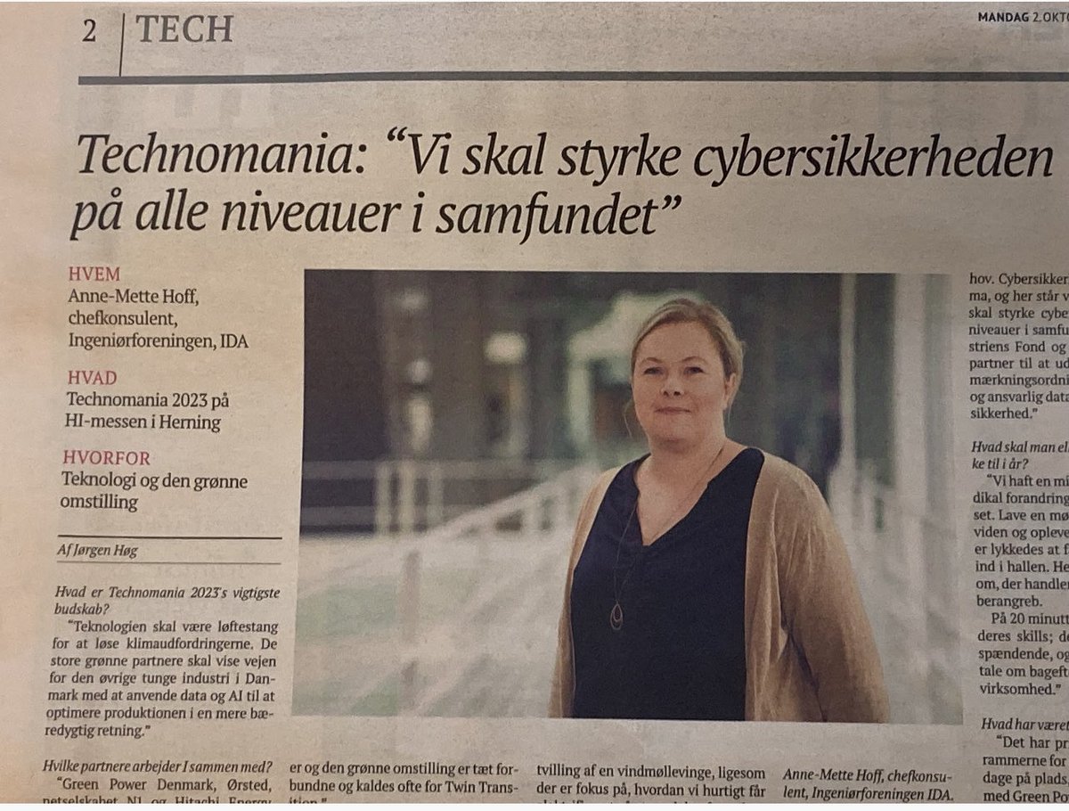 I morgen åbner #Technomania på Nordens største industrimesse i <a href="/mch_herning/">MCH Messecenter H.</a>. IDA har sit helt eget univers med fokus på cybersikkerhed, grøn energi og bæredygtige løsninger. Glæder mig til at åbne scenen med <a href="/Kristian_Jensen/">Kristian Jensen</a> <a href="/Norlys_Niels/">Niels Duedahl</a> <a href="/Microsoft_dk/">Microsoft Danmark</a> tilmeld.dk/technomania2023