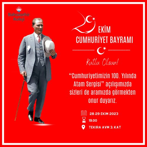Türkiye Cumhuriyeti'nin kuruluşunun 100. yılını gurur ve coşkuyla kutladığımız bu yıl, bu tarihi anı yaşayacak olmanın büyük onurunu yaşıyoruz. Tekirdağ Bahçeşehir Koleji olarak Türkiye Cumhuriyeti'nin kuruluşunun 100. yılını “ATAM SERGİSİ” ile taçlandıracağız.