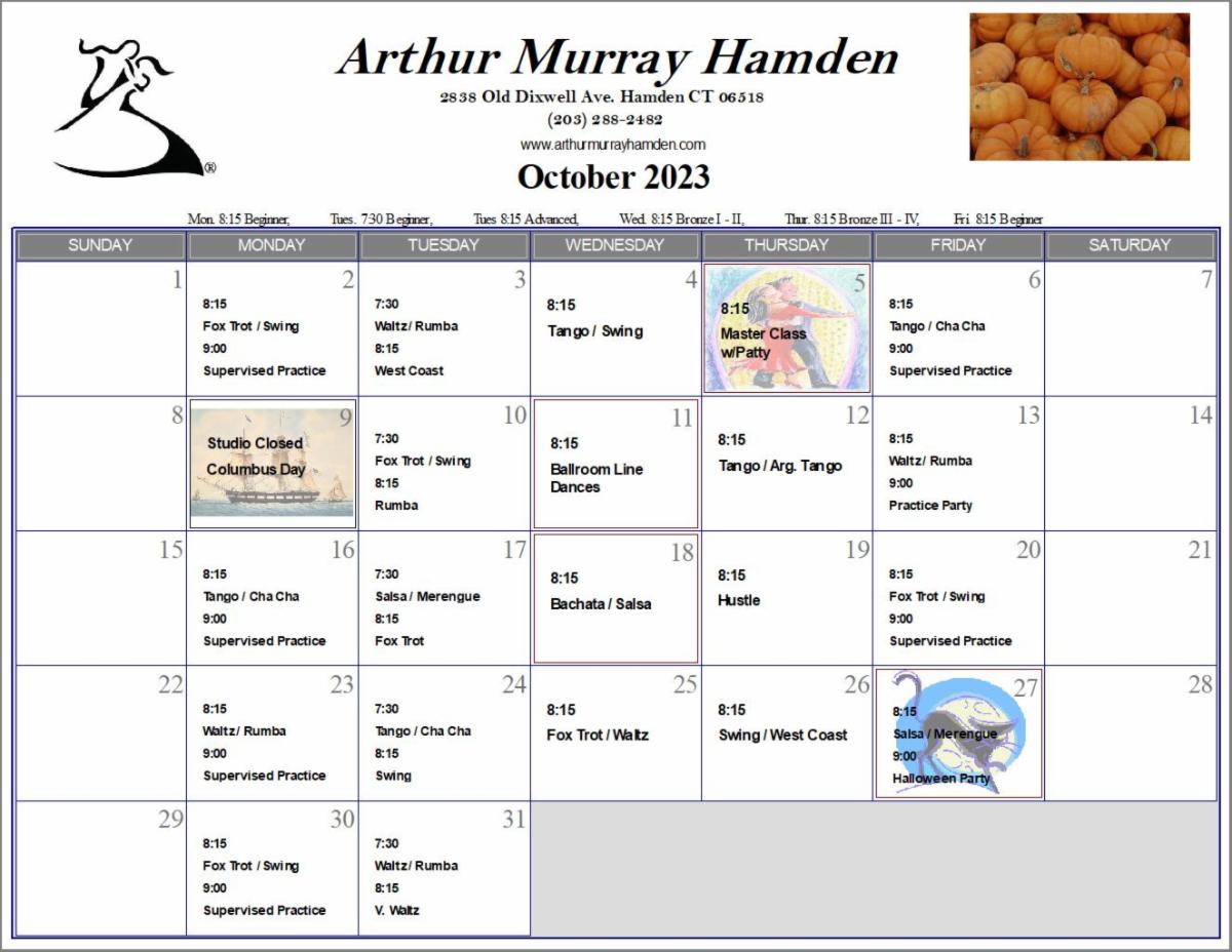 Here's our schedule for October, you can also find it on our website!

#arthurmurraylifestyle #arthurmurray #arthurmurrayhamden #arthurmurrayfamily #arthurmurraydancestudio #dance #dancers #dancelife #danceclass #learntodance #hamdenct #hamden #NewHaven #northhaven