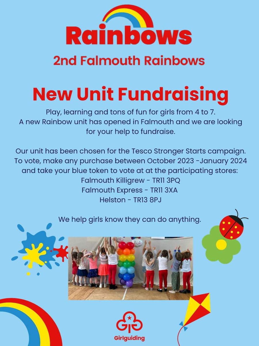 🌈 The newly opened 2nd Falmouth Rainbows needs your help!
We have been selected for the Tesco's "Stronger Starts" campaign. If you shop in any of the local Tesco's , please consider donating your blue token to our unit so we can continue giving Rainbows fantastic experiences!