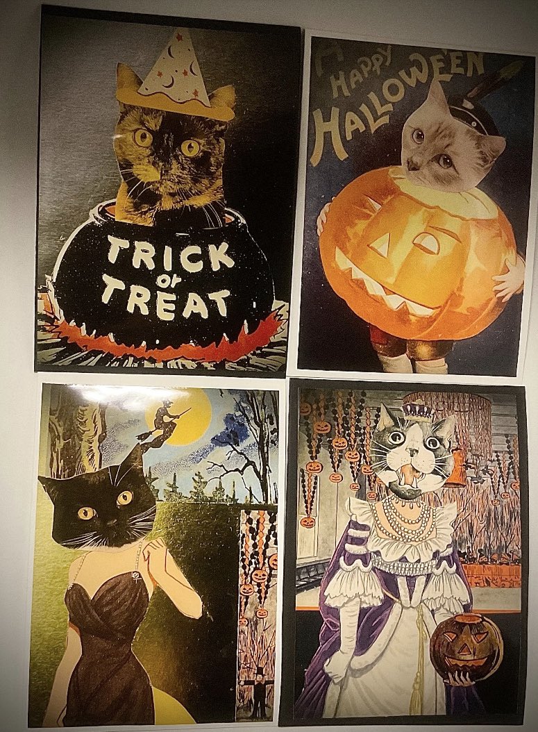Print Cards are made from Collage art created by Witch Joseph (available only on the Witch Joseph Etsy Shop) here in the Witch House Halloween card set contains 4 cards (each approximately 6.5” x 5”) Happy Halloween Meows. Individual cards also available.  #halloweencards