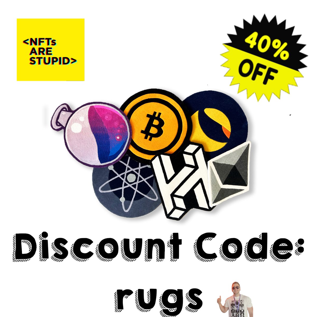 Prices are TANKING but this time it's a good thing!
If you've wanted to get rugged or maybe rug a friend of yours, now is your chance!
All rugs are heavily discounted for a limited time on our website: 
nftsarestupid.com 
(only applies to rugs)
#BTC #ETH $OSMO $ATOM $STARS