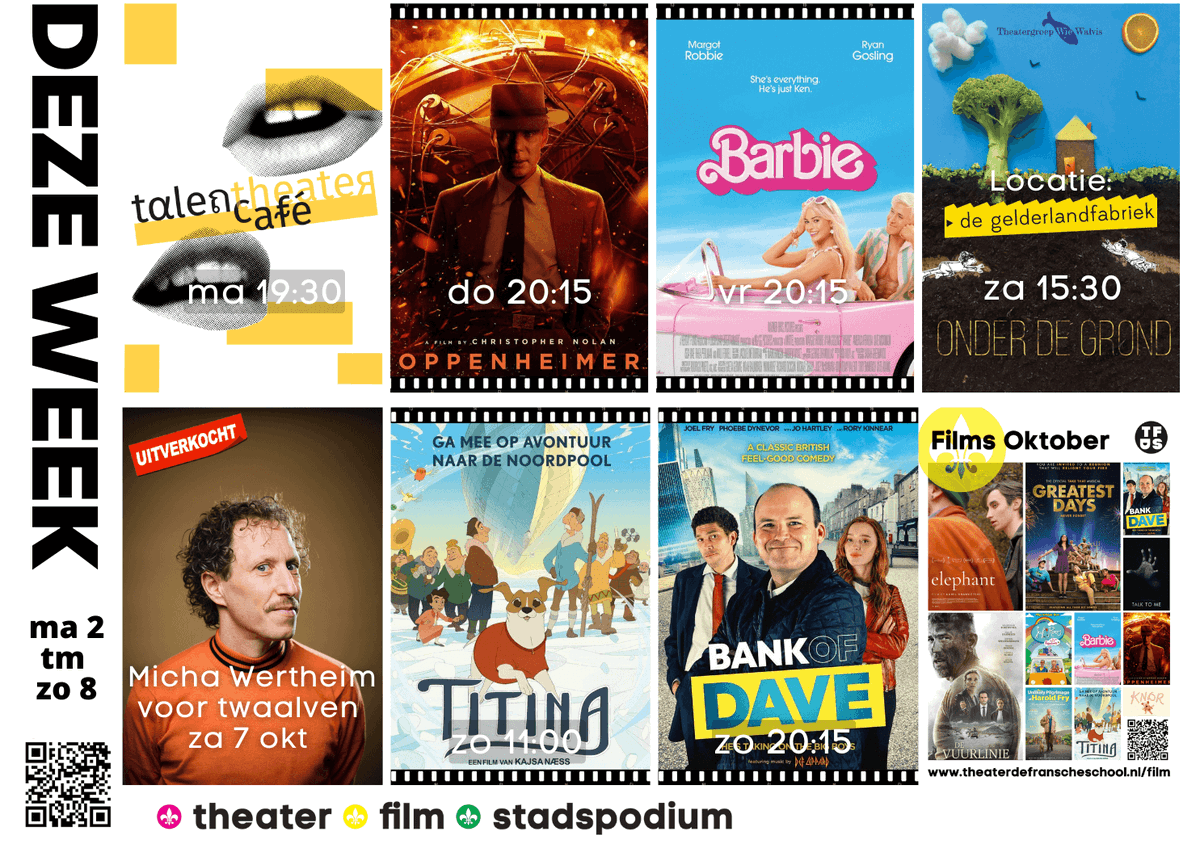 FranscheSchool's tweet photo. ⭐️ Deze week in jouw theater! ⭐️
MA 2 - ZO 8 OKT
>https://t.co/oIH3b0d7IP
@Culemborgklopt @lingestreek
#theater #toneel #film #bioscoop #culemborg #gelderland #utrecht #ABBA #abba #jamjazz #onlyyou #ladiesnight #was #casierendas #shaffy #alderliefste https://t.co/OlCXugf0pm