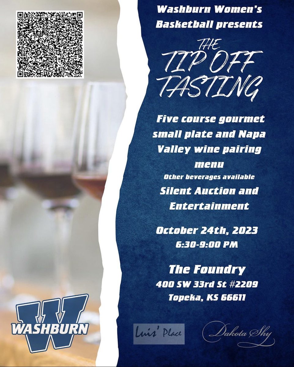 We’re 22 days away from our 1st Annual Tip Off Tasting! 🍷

Join us for an amazing evening to support Washburn Women’s Basketball! 🏀

Scan the QR code to purchase tickets or click the link in our bio. We can’t wait to see YOU there ! 

#GoBods #CGGF