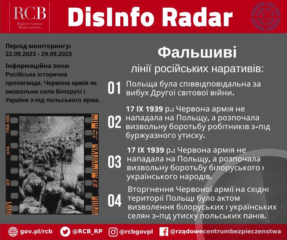 Російський апарат пропаганди продовжує дезінформацію, засновану на фальсифікації історії.

В останньому #DisInfoRadar ми представляємо головну історичну брехню проти Республіки Польща, що є частиною постійної операції з фальсифікації образу совєтської агресії на Польщу в 1939 р.