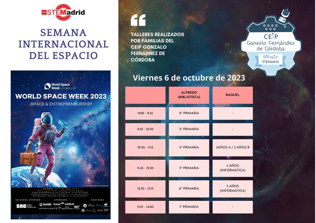 El viernes celebraremos la #worldspaceweek en nuestro colegio gracias a dos talleres realizados por familias de nuestro centro. Seguro que lo pasamos muy bien y aprendemos muuuuuchas cosas interesantes. #steMadrid <a href="/educacmadrid/">Educación▪️Comunidad de Madrid</a>