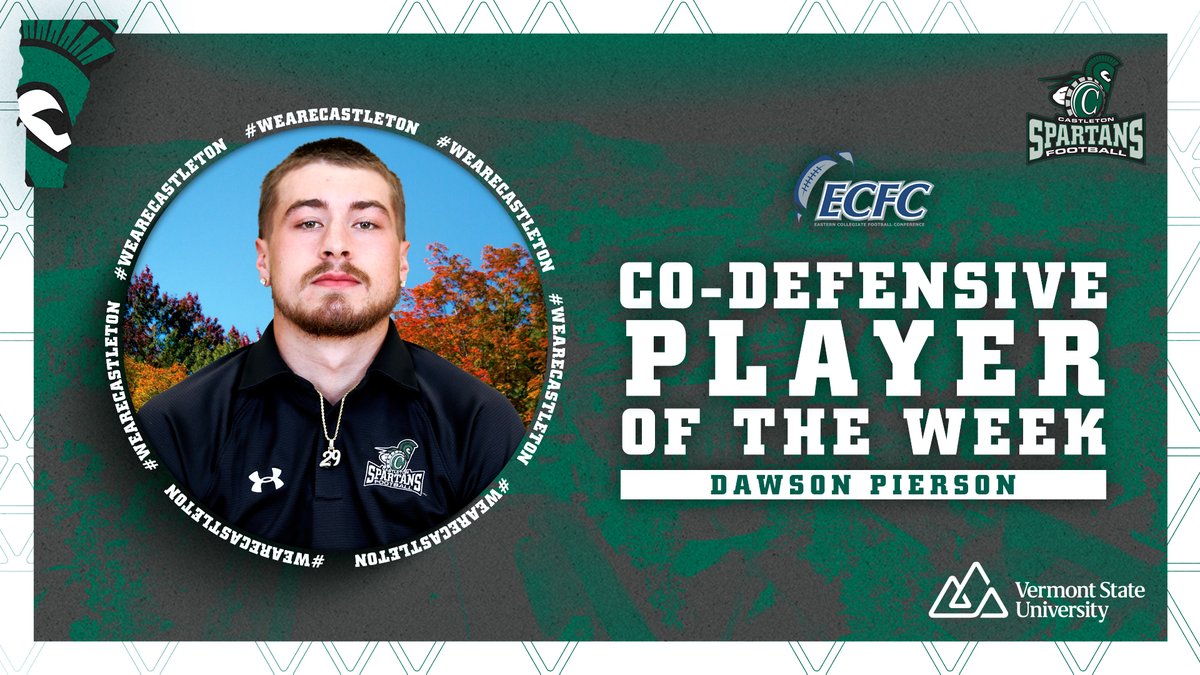 🏈 7 tackles 🔒 1 interception 👊 1 forced fumble Dawson Pierson lands ECFC Co-Defensive Player of the Week honors after leading the Spartan defense at UNE on Saturday! 📰 castletonsports.com/news/2023/10/2…
