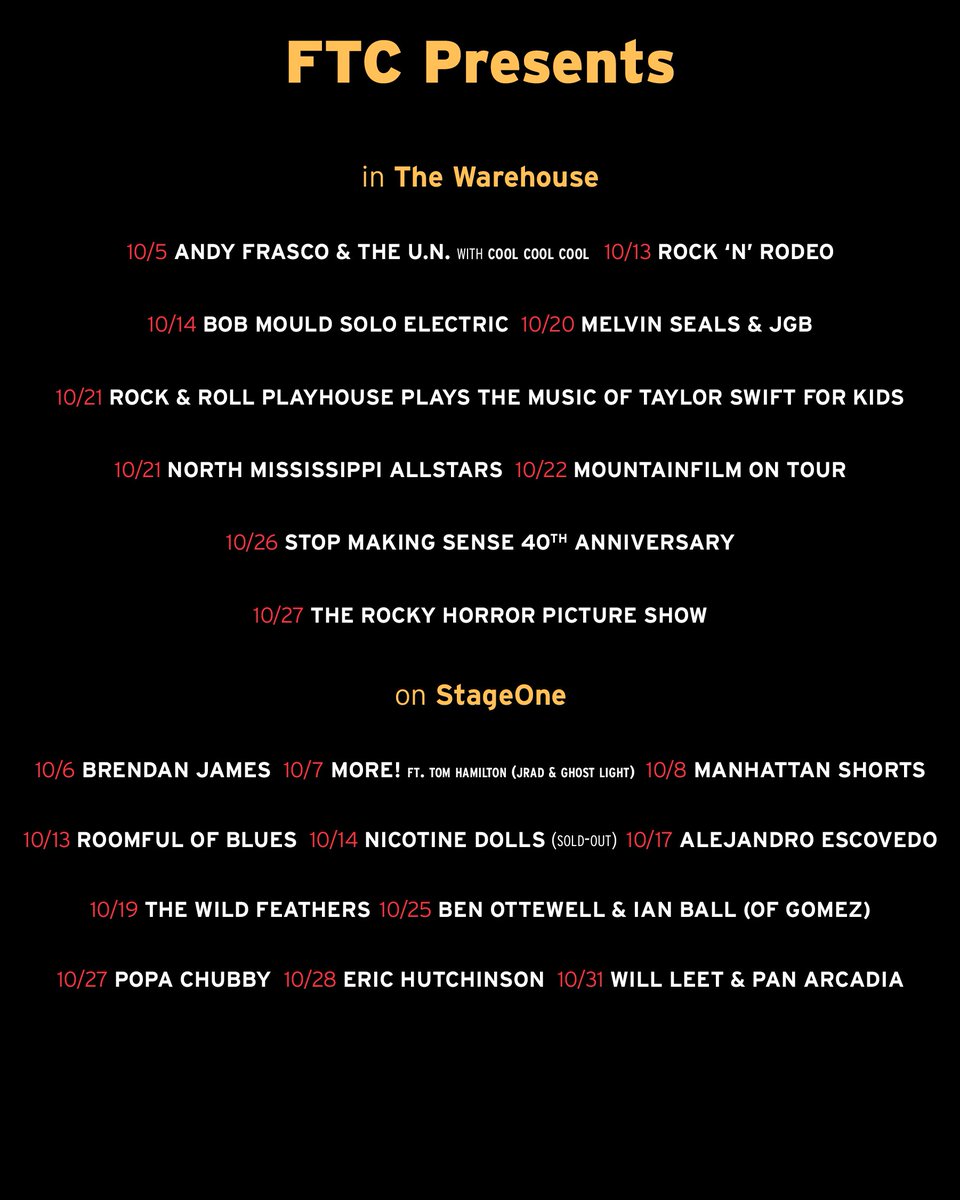 FTCPresents's tweet photo. HAPPY OCTOBER! 🍁🎶 

Check out our full calendar of events this month! We’ve got lots of great stuff happening! Where will we see you? 👀   

🎟 Tix &amp; more info --> https://t.co/7YrSfMFbdQ

#fairfieldct #ftc #TheWarehouseFTC #StageOneFTC #LiveMusicCT #FairfieldmusicScene https://t.co/ZjUGqJdF9X