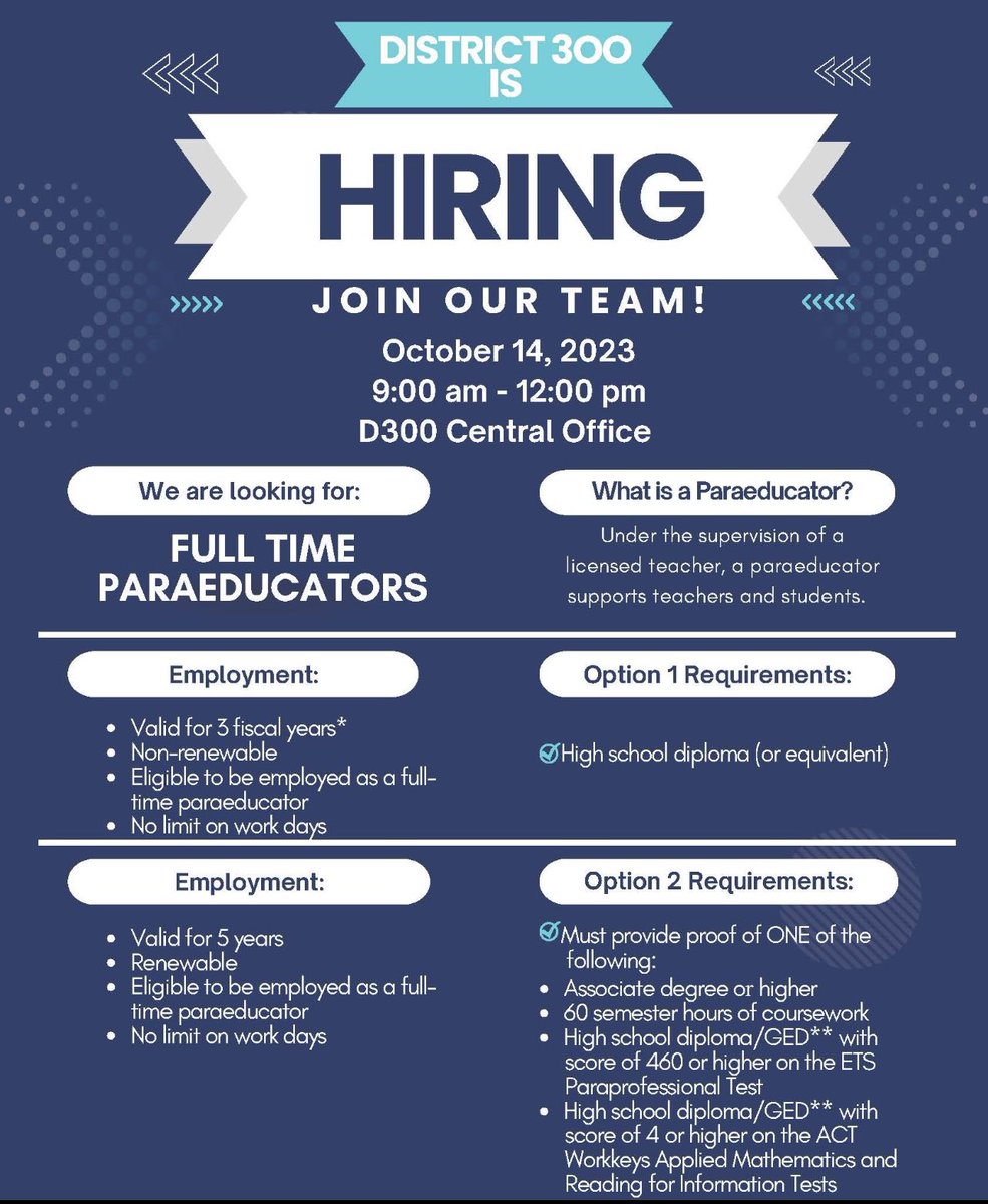 kellie_mainolfi's tweet photo. District 300 will host a hiring event for paraeducators on Saturday, October 14 from 9:00 a.m. to noon at Central Office, 2550 Harnish Drive, in Algonquin.
For more information or to apply, please view the flier below or visit: https://t.co/Z4KhlT3RjG https://t.co/phyM5Zkzja