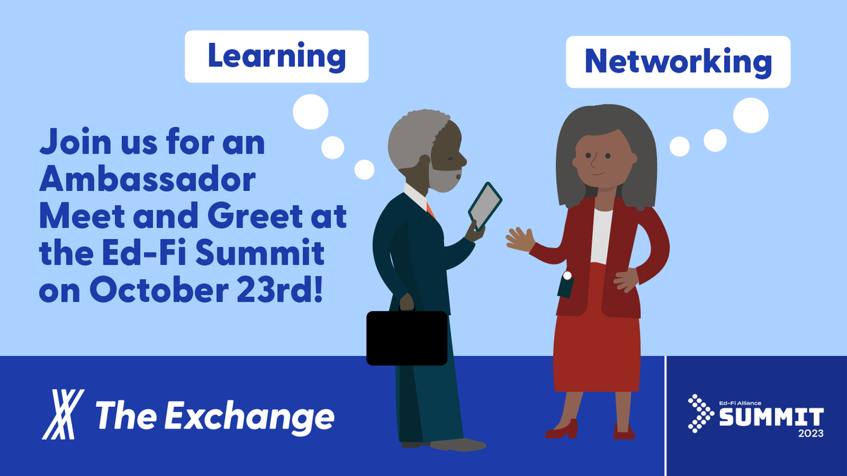 ESC Partners: Are you interested in becoming an Exchange Ambassador? Join us at the Ed-Fi Summit on October 23rd from 3:30-4:30 pm CDT to get started! This is a great opportunity to meet and network with fellow Ambassadors. <a href="/edfialliance/">Ed-Fi Alliance</a> Register here: events.bizzabo.com/Summit2023/age…