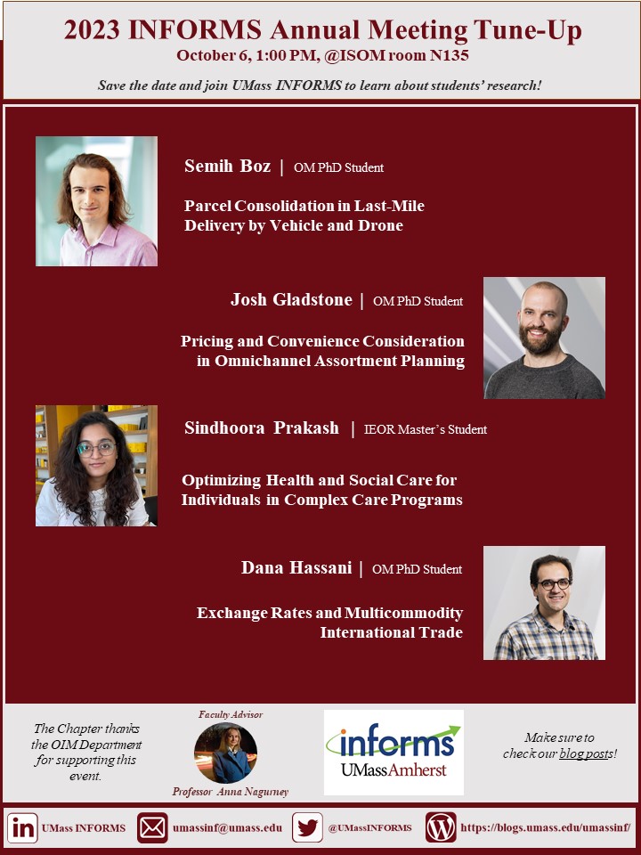 UMassINFORMS's tweet image. 🗓️ Join us this Friday, October 6th, at 1PM for the @INFORMS Annual Meeting Tune-Up Event, and get a sneak peek of what the Chapter members will be sharing at the #INFORMS2023 Annual Meeting conference in Phoenix, Arizona! 🌵 Check out the poster for details! See you there! 📚