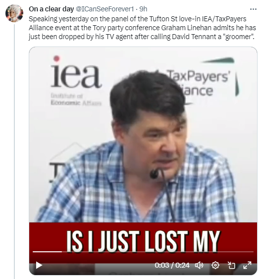 BadWritingTakes's tweet photo. On July 11th, an enraged Graham "Glinner" Linehan responded to our coverage of his attack on David Tennant by calling Tennant (and us) "abusive groomers".

Linehan has now been fired by his TV agent over the incident. https://t.co/MvgkvV2BKn