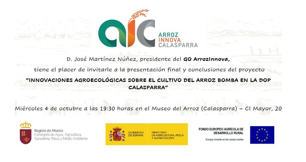 El miércoles 4 de Octubre de 2023 , tendrá lugar la presentación de resultados y conclusiones finales del proyecto del GO ArrozInnova en el Museo del Arroz de Calasparra a las 19:30 horas. 🌾 #GrupoOperativo #ArrozInnova #Calasparra