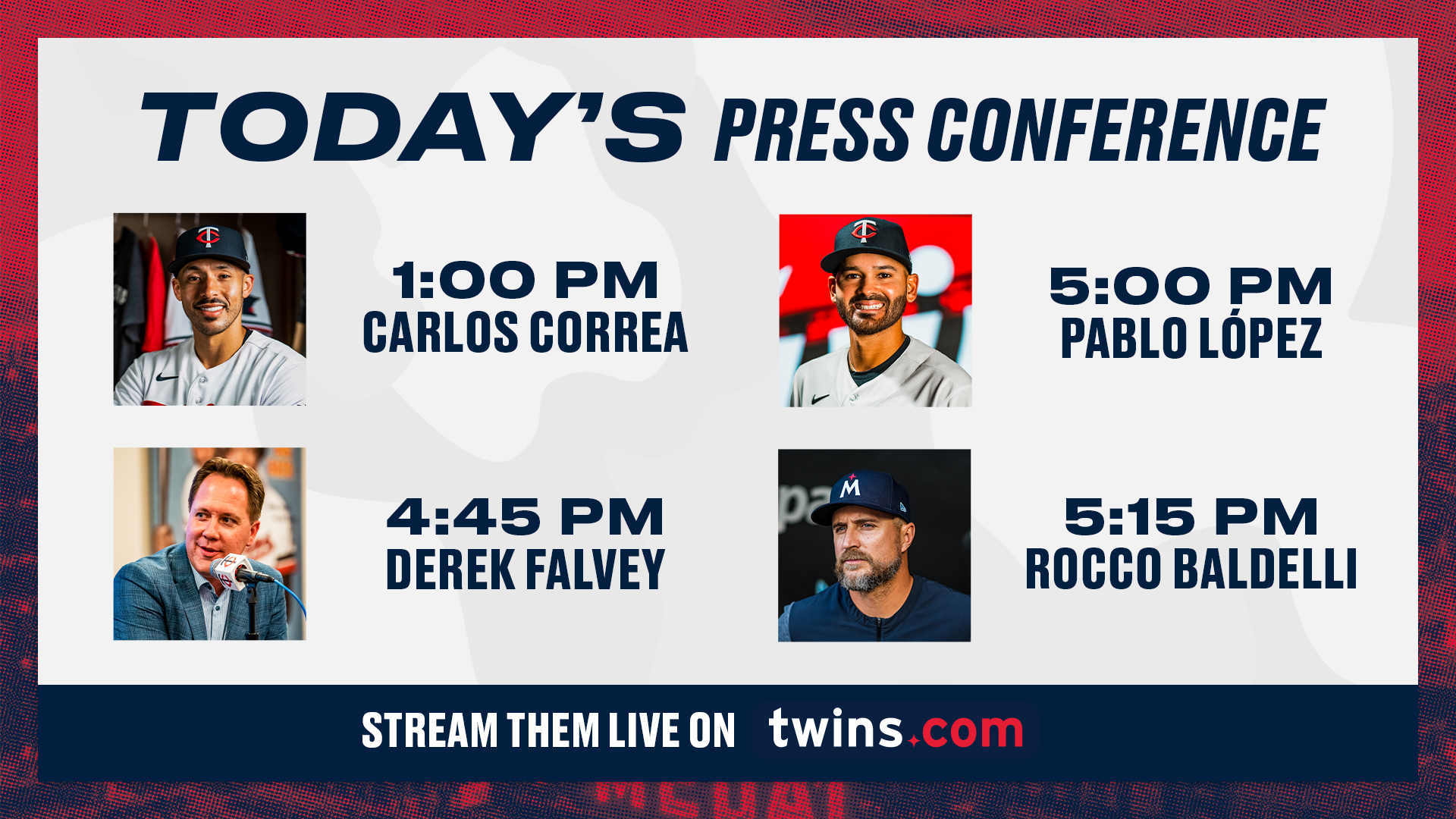 Minnesota Twins on X: We've got a couple of press conferences today and  we're taking you with us! Tune in LIVE right here on our Twitter at 1:00pm  for Carlos Correa and