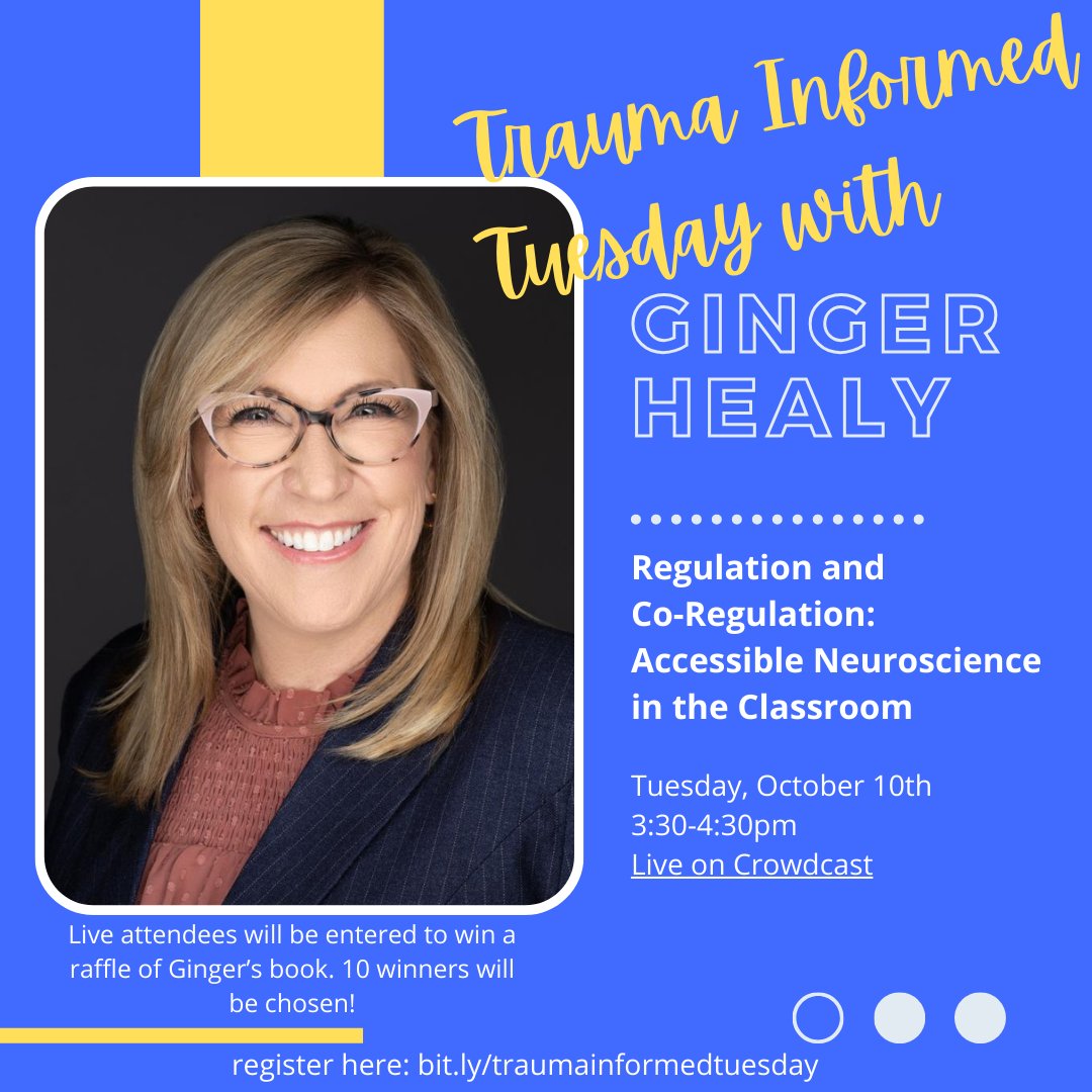 MrsChauvinSW's tweet photo. So excited to have joining us for Trauma Informed Tuesdays on October 10th! Ginger will be sharing insights from her newest book, Regulation and Co-regulation: Accessible Neuroscience in the Classroom. Cannot wait!

#trauminformed #bettertogether #bettereveryday https://t.co/E4bsGiBX8h