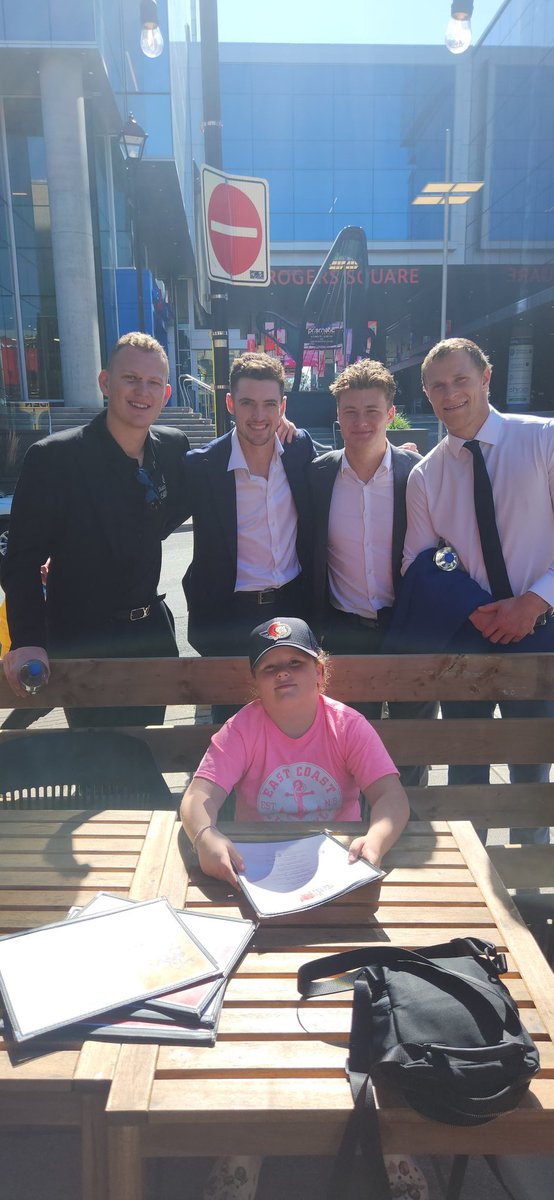 We sat down for a quick bite in Halifax and my daughter said Go Sens Go to a few guys across the street. She was more impressed than she looked for the pic. Thanks, lads for making her day. <a href="/Senators/">Ottawa Senators</a>