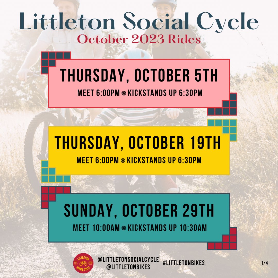 LittletonBikes's tweet photo. Season one of LSC is drawing to a close. Enjoy one last month with us before winter break! October ‘23 rides will be on the first Thursday, third Thursday, and the last Sunday of the month. On the Sunday October 29th ride, wear your Halloween costume!!
#littletonbikes https://t.co/b9lAL6KuVX