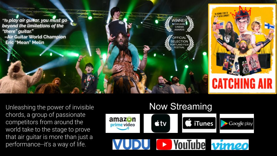 Catch the fun and rocking "Catching Air" documentary and be inspired to rock out on your own air guitar, starring World Air Guitar champion, 
@scenestealreric!  Distributed by @GravitasVOD.