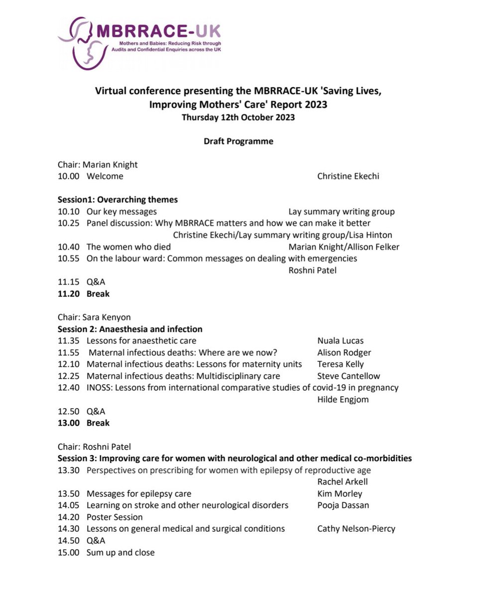 Bethan Goulden (@bethangoulden) on Twitter photo Draft programme for next week's <a href="/mbrrace/">MBRRACE UK</a> (UK Confidential Enquiry into Maternal Deaths).
❌Not just for Obstetricians, Obs Anaesthetics & Midwives
✅Neurology, Infectious Diseases, GIM & General Surgical issues also covered
@nelson_piercy <a href="/noolslucas/">Nuala Lucas</a> <a href="/PoojaDassan/">Pooja Dassan</a> <a href="/Marianfknight/">Marian Knight MBE</a> Draft programme for next week's <a href="/mbrrace/">MBRRACE UK</a> (UK Confidential Enquiry into Maternal Deaths).
❌Not just for Obstetricians, Obs Anaesthetics & Midwives
✅Neurology, Infectious Diseases, GIM & General Surgical issues also covered
@nelson_piercy <a href="/noolslucas/">Nuala Lucas</a> <a href="/PoojaDassan/">Pooja Dassan</a> <a href="/Marianfknight/">Marian Knight MBE</a>