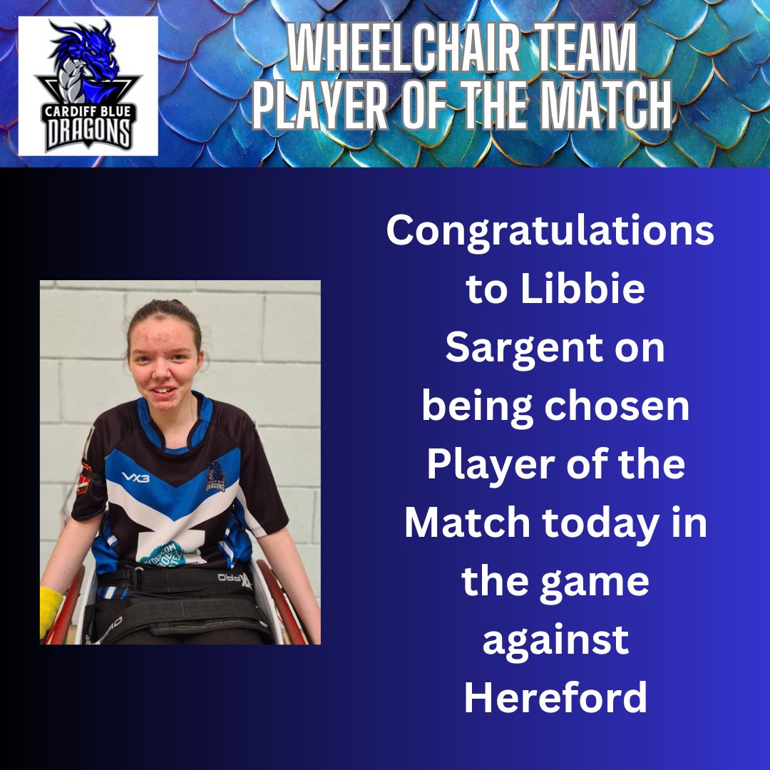 Well done to Libbie on Player of the Match for our Wheelchair team in yesterday's match Vs Hereford Harriers.