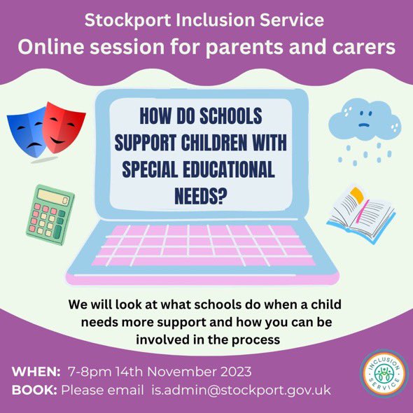 Calling #Stockport families! How do schools support children with Special  Educational Needs?  #SEND  #inclusion Find out what schools do when a child needs more support. Book on our online evening session on 14th November 7-8pm