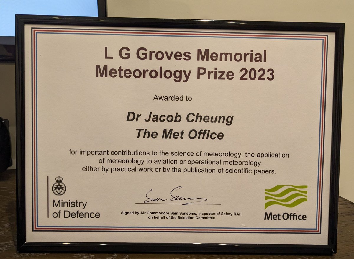 Delighted to announce that Dr Jacob Cheung, a member of my team &amp; with whom I co-authored a paper earlier this year, has been awarded the L. G. Groves Memorial Prize for Meteorology.
